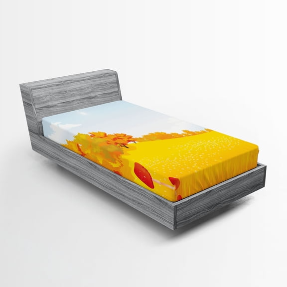 Ambesonne Mushroom Fitted Sheet, Fall Landscape Meadow, Twin XL Size, Orange Blue Red