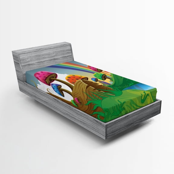 Ambesonne Mushroom Fitted Sheet, Sunny Playful Foliage, Twin Size, Multicolor