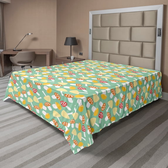 Ambesonne Mushroom Flat Sheet, Colorful Toadstools, Full Size, Mint Green Multicolor