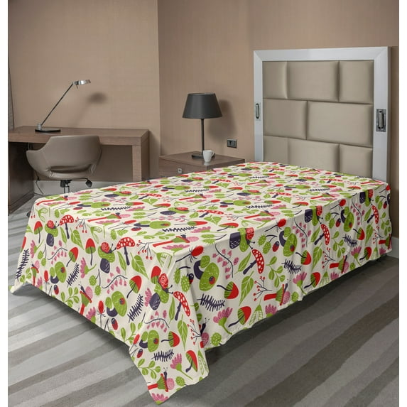 Ambesonne Mushroom Flat Sheet, Ladybird Flower Snail, TwinXL Size, Multicolor