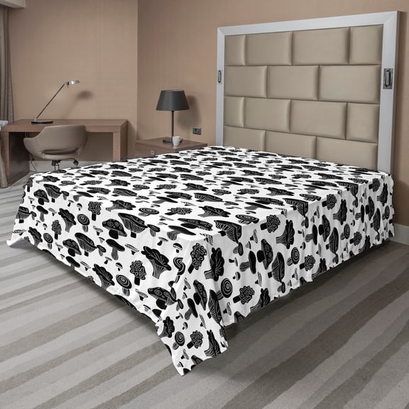 Ambesonne Mushroom Flat Sheet, Monochrome Woodland Food, California King, Charcoal Grey and White