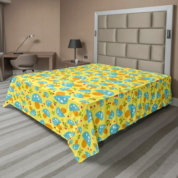 Ambesonne Mushroom Flat Sheet, Mushrooms Pattern, Queen Size, Yellow Multicolor
