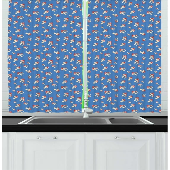 Ambesonne Mushroom Kitchen Curtains, Amanita Fly Agaric Graphic, 55"x45", Azure Blue Champagne