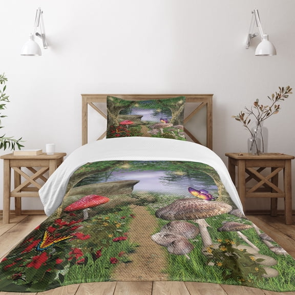 Ambesonne Mushroom Quilted Bedspread Set 2 Pcs, Butterflies, Twin Size, Tan Green Red