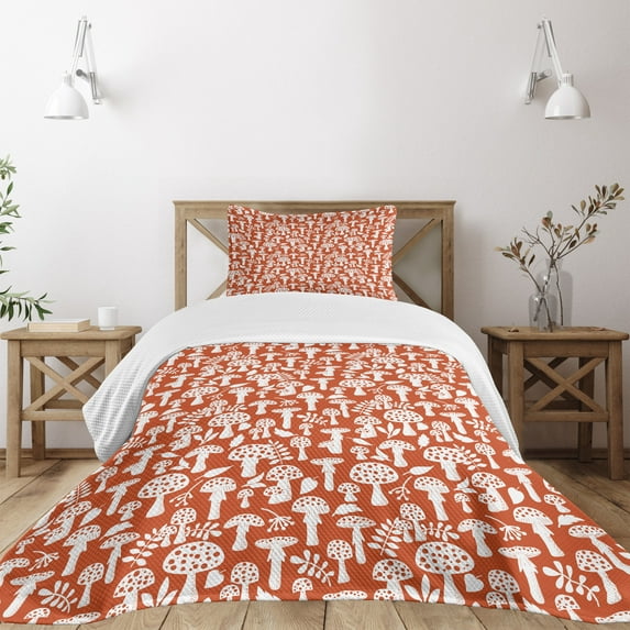 Ambesonne Mushroom Quilted Bedspread Set 2 Pcs, Leaves Berries Amanita, Twin Size, Burnt Sienna White