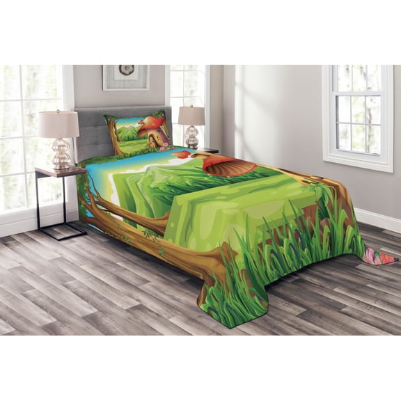 Ambesonne Mushroom Quilted Bedspread Set 2 Pcs, Mountain Daisies Woods, Twin Size, Scarlet Pale Brown Green