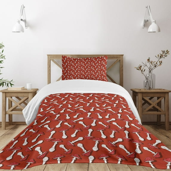 Ambesonne Mushroom Quilted Bedspread Set 2 Pcs, Psychedelic Amanita, Twin Size, Burnt Sienna Red White