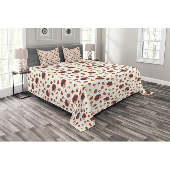 Ambesonne Mushroom Quilted Bedspread Set 3 Pcs, Autumn Hedgehog Acorns, Queen Size, Multicolor