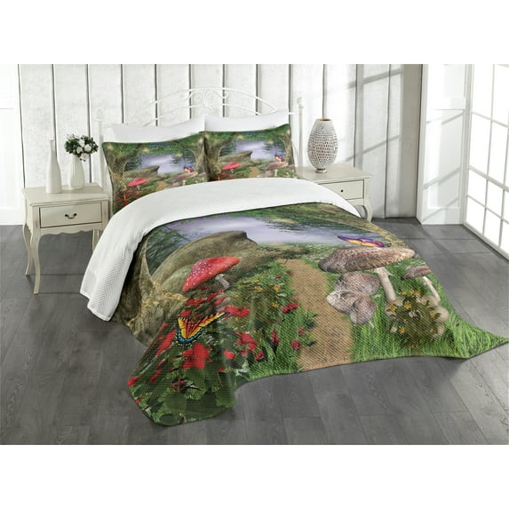 Ambesonne Mushroom Quilted Bedspread Set 3 Pcs, Butterflies, Queen Size, Tan Green Red