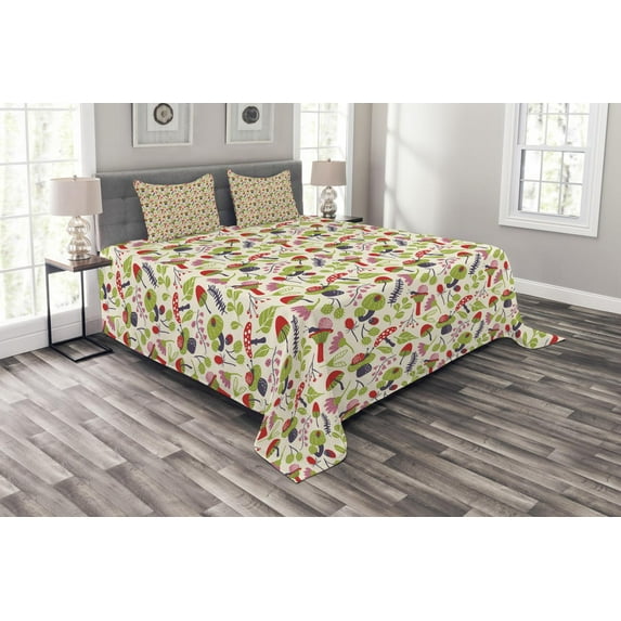 Ambesonne Mushroom Quilted Bedspread Set 3 Pcs, Ladybird Flower Snail, King Size, Multicolor