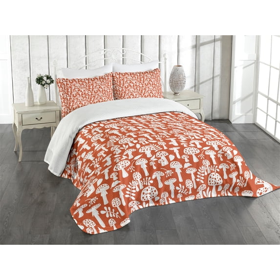 Ambesonne Mushroom Quilted Bedspread Set 3 Pcs, Leaves Berries Amanita, Queen Size, Burnt Sienna White
