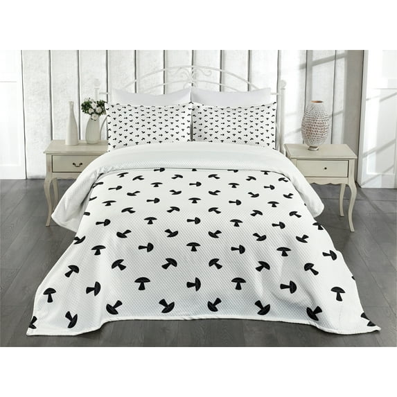 Ambesonne Mushroom Quilted Bedspread Set 3 Pcs, Monochrome Woodland Art, King Size, White Black