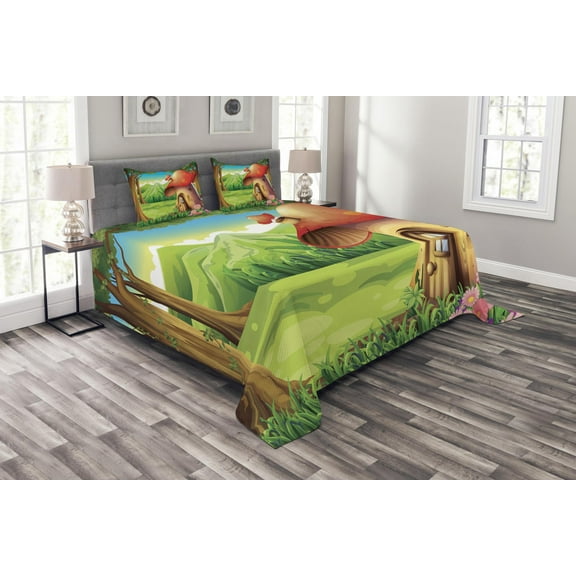 Ambesonne Mushroom Quilted Bedspread Set 3 Pcs, Mountain Daisies Woods, King Size, Scarlet Pale Brown Green