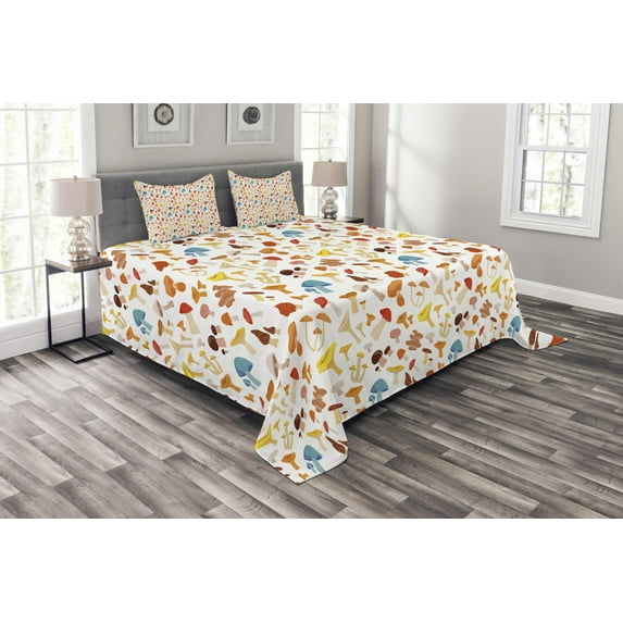 Ambesonne Mushroom Quilted Bedspread Set 3 Pcs, Toadstool Cartoon Style, Queen Size, Multicolor
