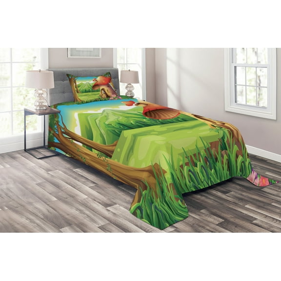 Ambesonne Mushroom Quilted Coverlet 2 Pcs, Mountain Daisies Woods, Twin Size, Scarlet Pale Brown Green