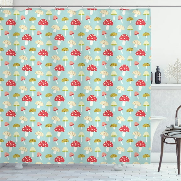 Ambesonne Mushroom Shower Curtain, Cartoon Style Polka Dotted, 69"Wx70"L, Pale Teal Coral Cream