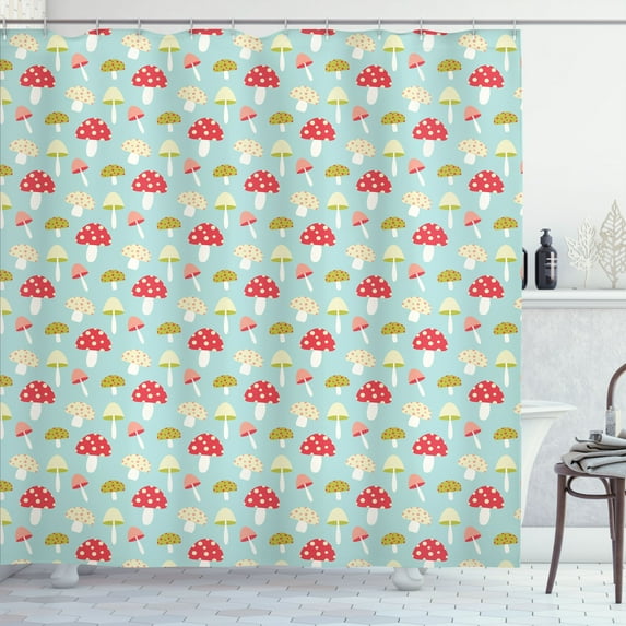 Ambesonne Mushroom Shower Curtain, Cartoon Style Polka Dotted, 69"Wx75"L, Pale Teal Coral Cream