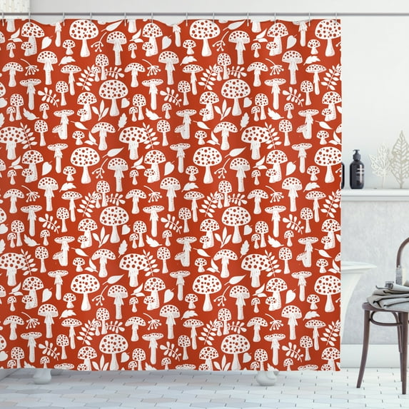Ambesonne Mushroom Shower Curtain, Leaves Berries Amanita, 69"Wx75"L, Burnt Sienna White