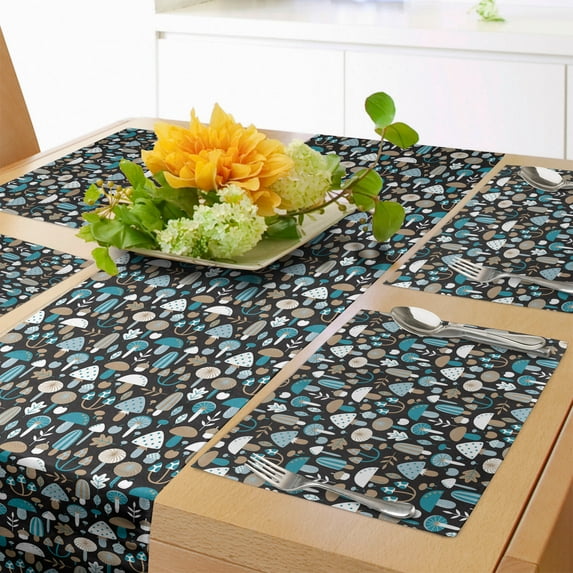 Ambesonne Mushroom Table Runner & Placemats, Forest Elements Pattern, Placemat 4 pcs + Runner 16"x90", Brown and Blue