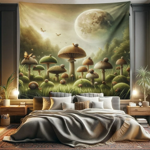 Ambesonne Mushroom Tapestry King Size, Dreamy Space Fantasy Woods, 104"x88", Reseda Green and Khaki