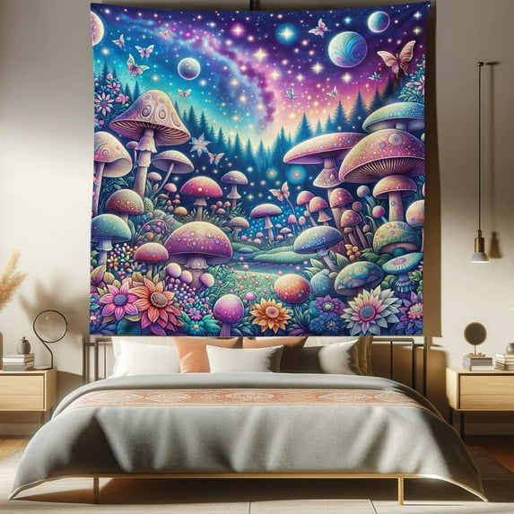 Ambesonne Mushroom Tapestry Queen Size, Dreamland Floral Meadow, 88"x88", Pale Purple Aqua Indigo