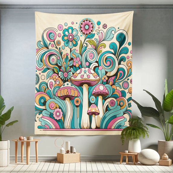 Ambesonne Mushroom Tapestry Twin Size, Groovy 70s Garden Bloom, 68"x88", Teal Pink Beige