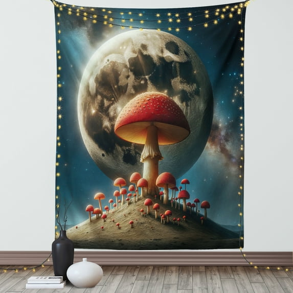 Ambesonne Mushroom Tapestry Wall Hanging, Astral Starry Galaxy Moon, 60"x80", Dark Pink Sea Blue Sepia