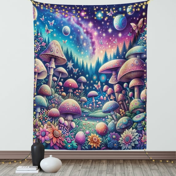 Ambesonne Mushroom Tapestry Wall Hanging, Dreamland Floral Meadow, 40"x60", Pale Purple Aqua Indigo