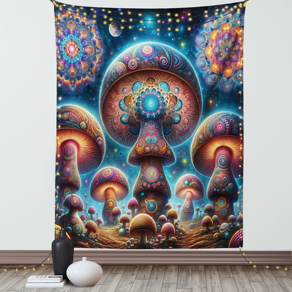 Ambesonne Mushroom Tapestry Wall Hanging, Psychedelic Starry Astral, 60"x80", Aqua Marigold Indigo