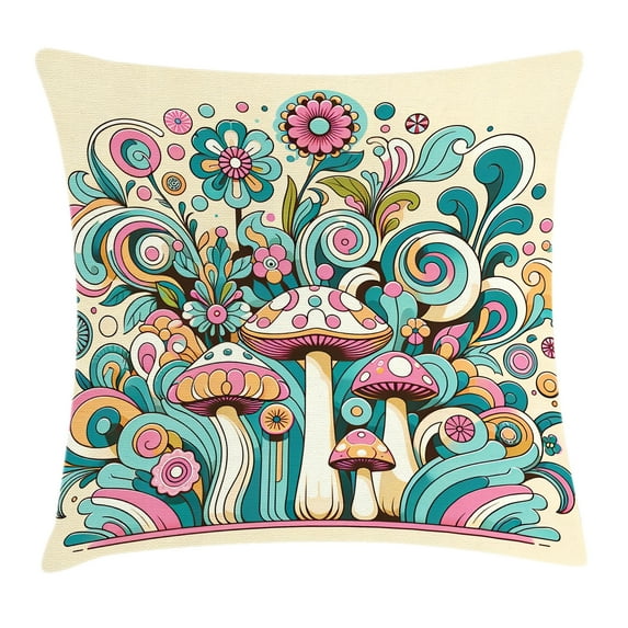 Ambesonne Mushroom Throw Pillow Cushion Cover, Groovy 70s Garden Bloom, 26" X 26", Teal Pink Beige