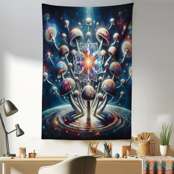 Ambesonne Mushroom Wall Hanging Tapestry, Astral World Psychedelic, 30"x45", Dark Blue Multicolor