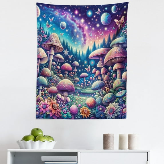 Ambesonne Mushroom Wall Hanging Tapestry, Dreamland Floral Meadow, 23"x28", Pale Purple Aqua Indigo