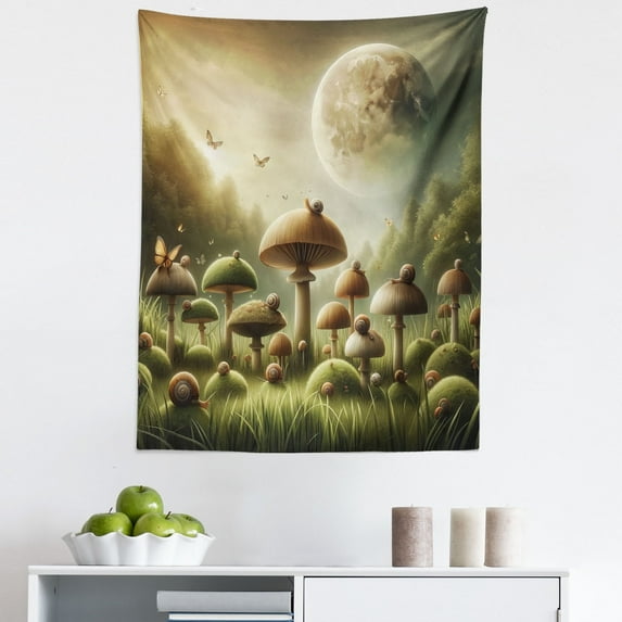 Ambesonne Mushroom Wall Hanging Tapestry, Dreamy Space Fantasy Woods, 23"x28", Reseda Green and Khaki