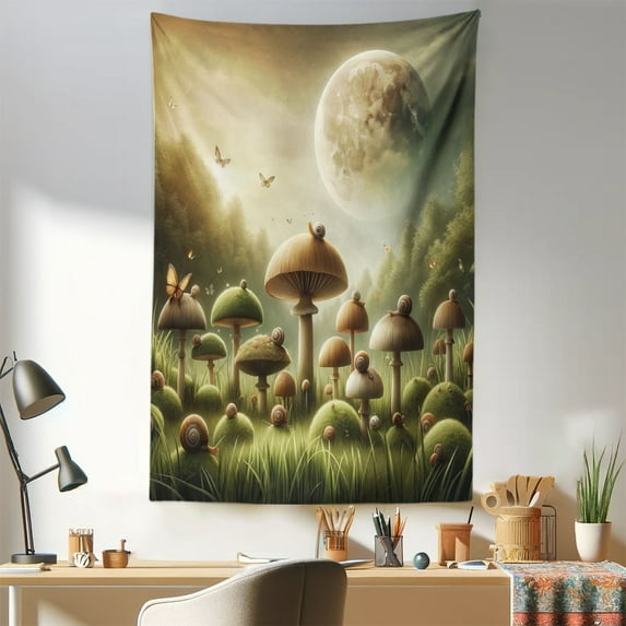 Ambesonne Mushroom Wall Hanging Tapestry, Dreamy Space Fantasy Woods, 30"x45", Reseda Green and Khaki