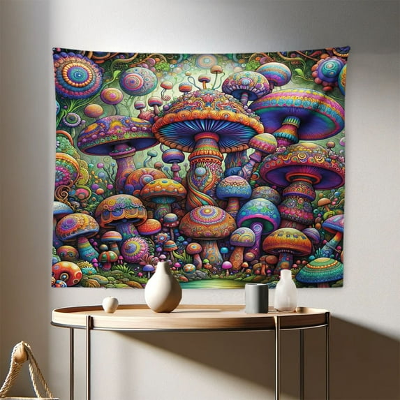 Ambesonne Mushroom Wall Hanging Tapestry, Trippy Huddles of Motifs, 28"x23", Multicolor