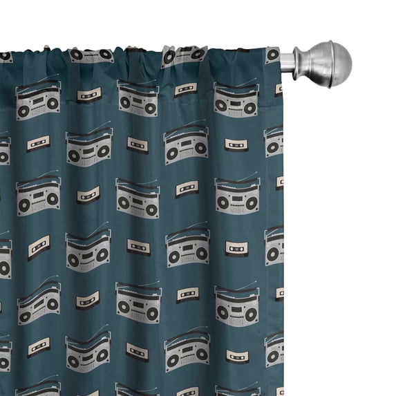 Ambesonne Music Window Curtains, Retro Tape Cassette Motifs, Each 28" W x 95" L, Dark Teal Pale Grey