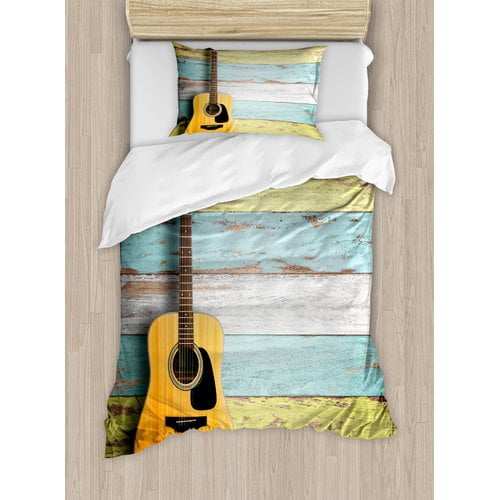 Twin Rustic Guitar Print Polyester Duvet Cover Set