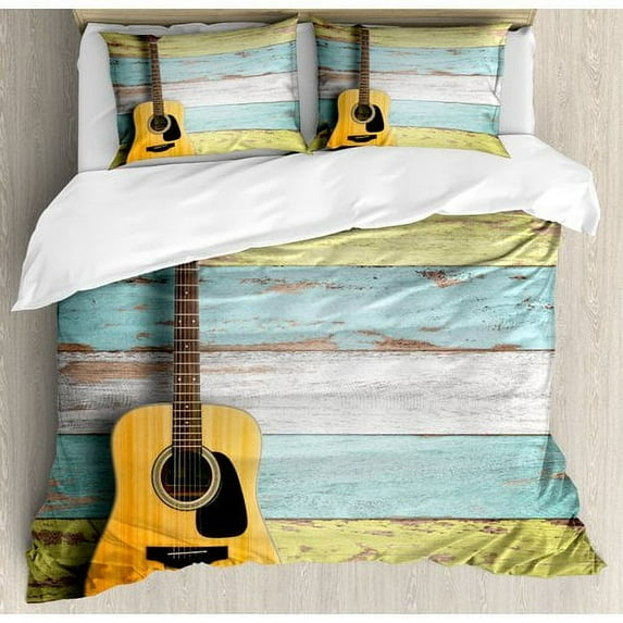 Ambesonne Music Acoustic Guitar Painted Aged Wooden Planks Rustic Country Decor Duvet Cover Set