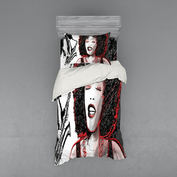 Ambesonne Music Bedding Set 3 Pcs, Afro Lady Sings Jazz Song, Twin, Pale Grey Black