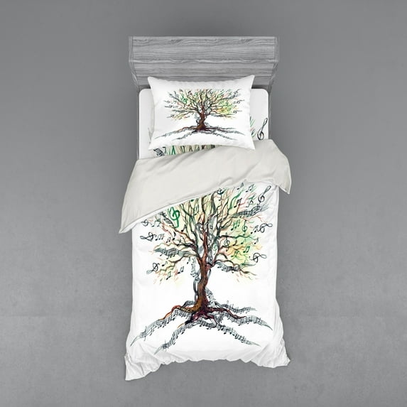 Ambesonne Music Bedding Set 3 Pcs, Autumn Nature Tree Swirls, Twin, Multicolor
