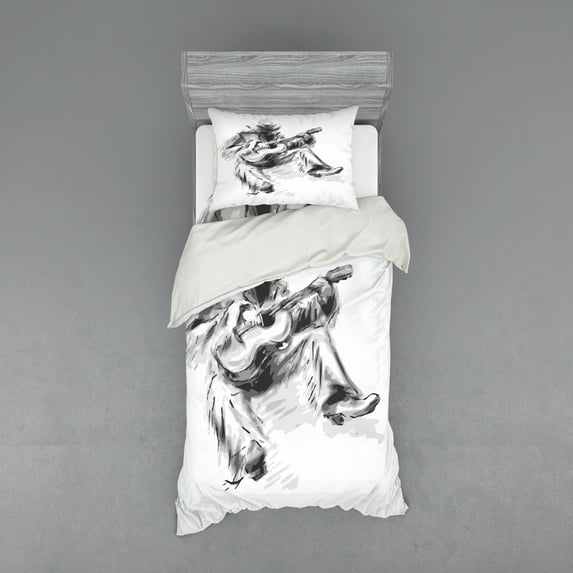 Ambesonne Music Bedding Set 3 Pcs, Cowboy and Guitar Eastern, Twin XL, Black and Pale Grey