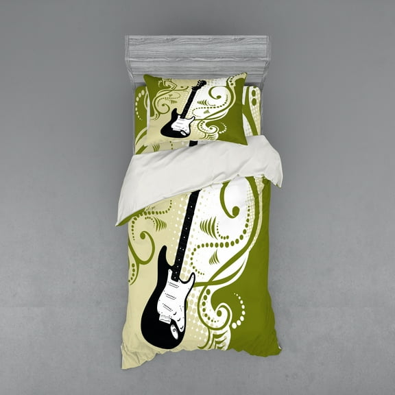 Ambesonne Music Bedding Set 3 Pcs, Electric Bass Guitar, Twin, Olive Green White Black