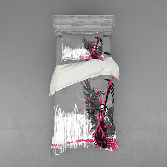 Ambesonne Music Bedding Set 3 Pcs, Emo Rock Trippy Grunge, Twin XL, Dimgrey Hot Pink