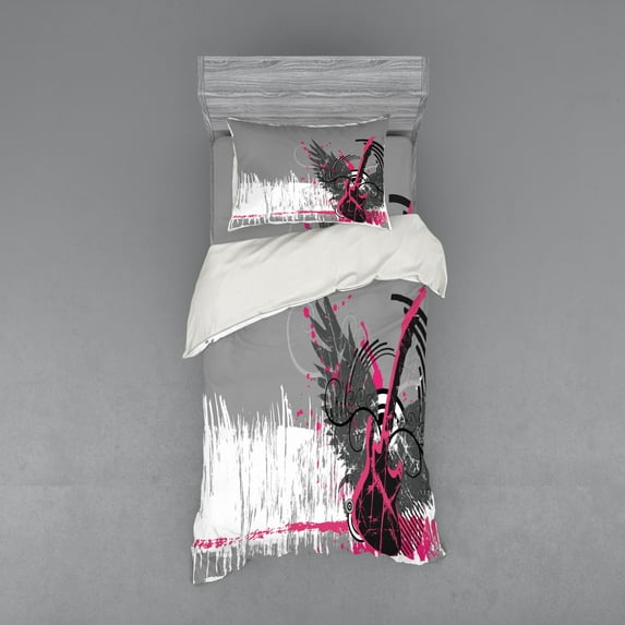 Ambesonne Music Bedding Set 3 Pcs, Emo Rock Trippy Grunge, Twin XL, Dimgrey Hot Pink