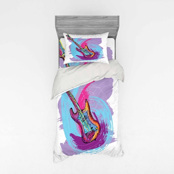 Ambesonne Music Bedding Set 3 Pcs, Hand Drawn Guitar Grunge, Twin, Pink Purple Blue