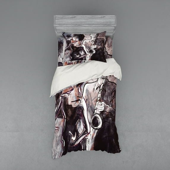 Ambesonne Music Bedding Set 3 Pcs, Jazz Musician Saxophone, Twin, Pink Black White