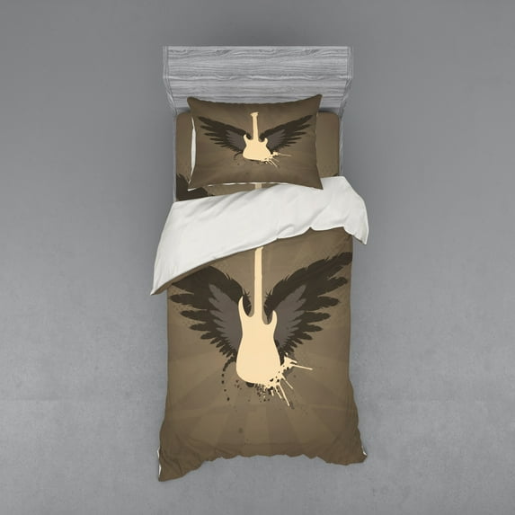 Ambesonne Music Bedding Set 3 Pcs, Rock Talent Wings Guitar, Twin XL, Charcoal Grey Mustard