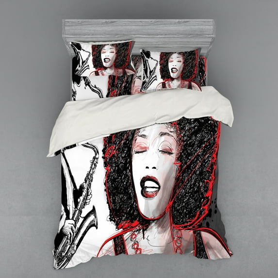 Ambesonne Music Bedding Set 4 Pcs, Afro Lady Sings Jazz Song, Queen, Pale Grey Black