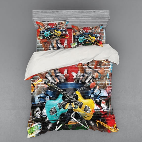 Ambesonne Music Bedding Set 4 Pcs, Collage Instrument Joyful, Queen, Multicolor
