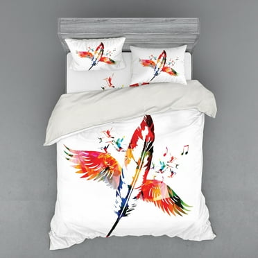 Ambesonne Music Bedding Set 4 Pcs, Feather with Wings Birds, Queen, Multicolor
